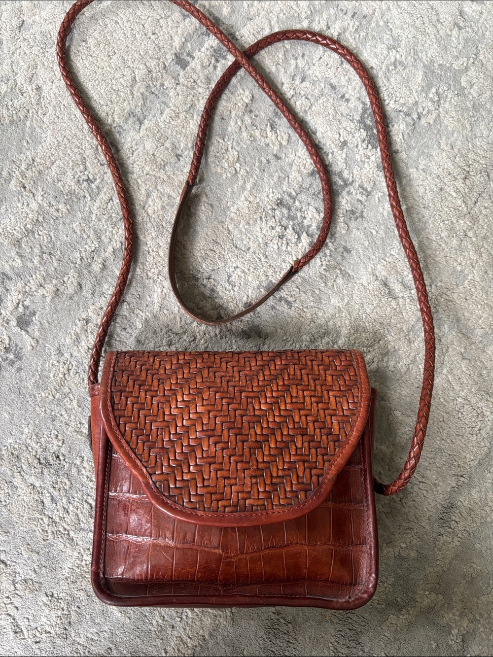 Brighton Woven & Croc-Embossed Leather Crossbody in Chestnut Brown